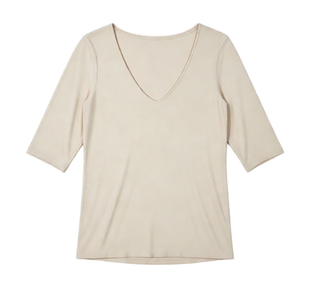 Velvet by Graham & Spencer Ribbed V-Neck Top 3/4 Sleeve S Off White Excellent